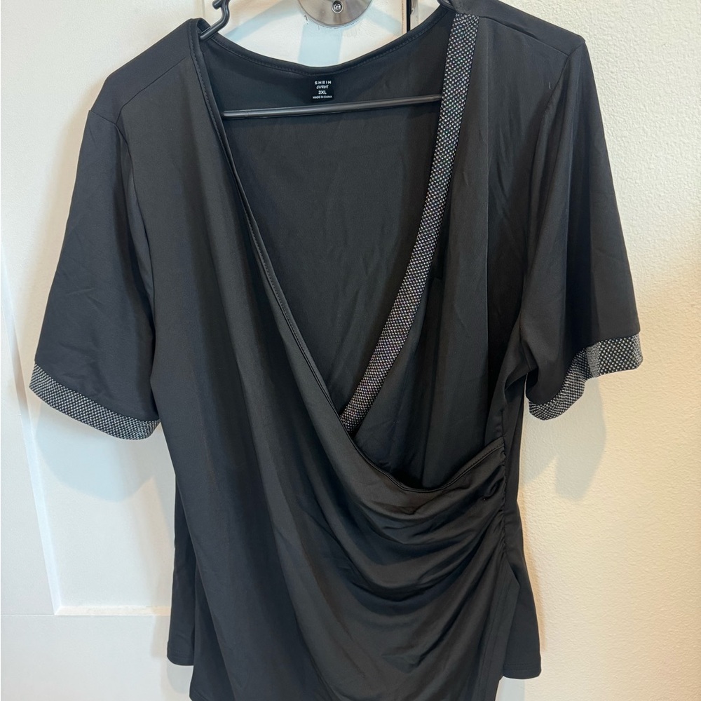 SHEIN Black Wrap Ruched Short Sleeve Blouse